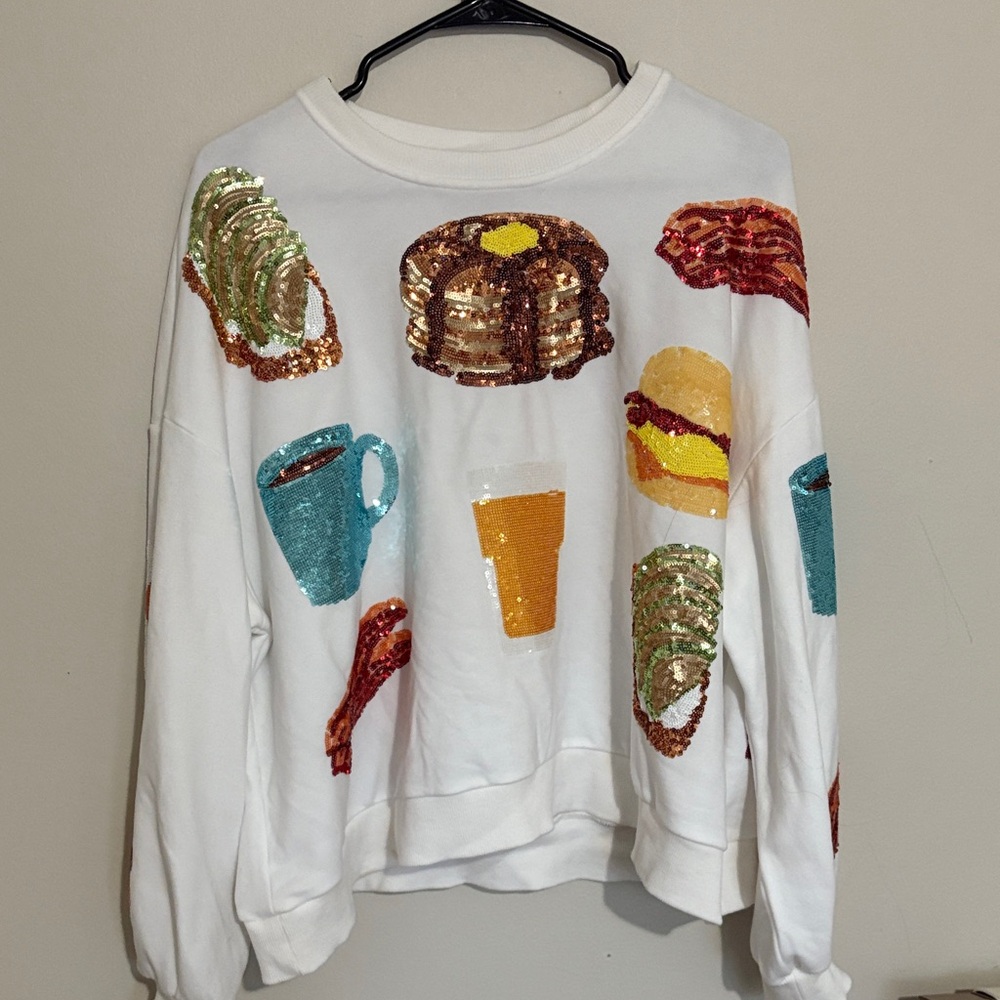 QUEEN OF SPARKLES White Sweater with Colorful Sequin Breakfast Design